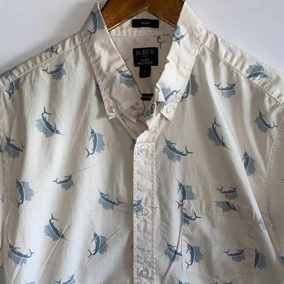 Men's J. Crew Swordfish All Over Print Short Sleeve Button Down Shirt - Picture 3 of 7